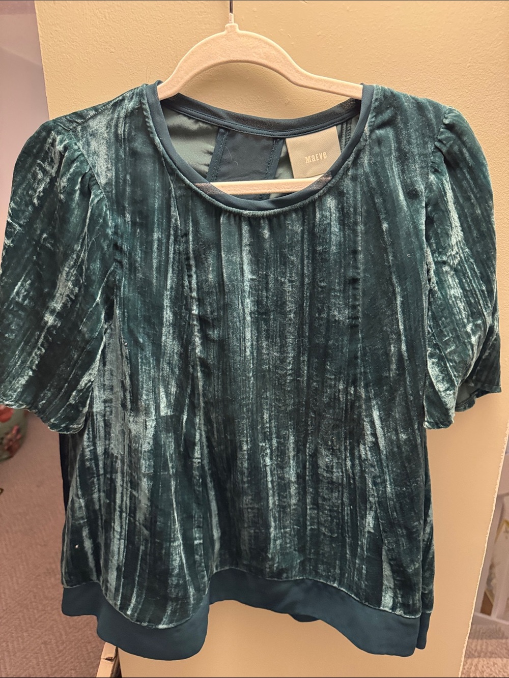 Anthropologie Maeve Emegald Green Velvet Chiffon Mesh Back Flowy Top Blouse M